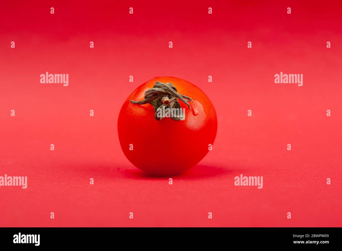 piccolo pomodoro di ciliegia matura su sfondo rosso primo piano, vegetale. Foto Stock