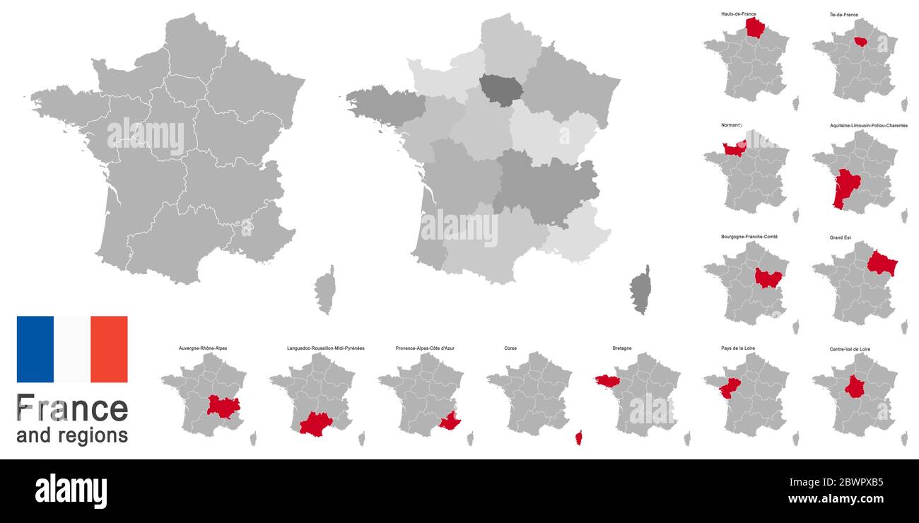 Sagome del paese europeo Francia e nuove regioni Illustrazione Vettoriale