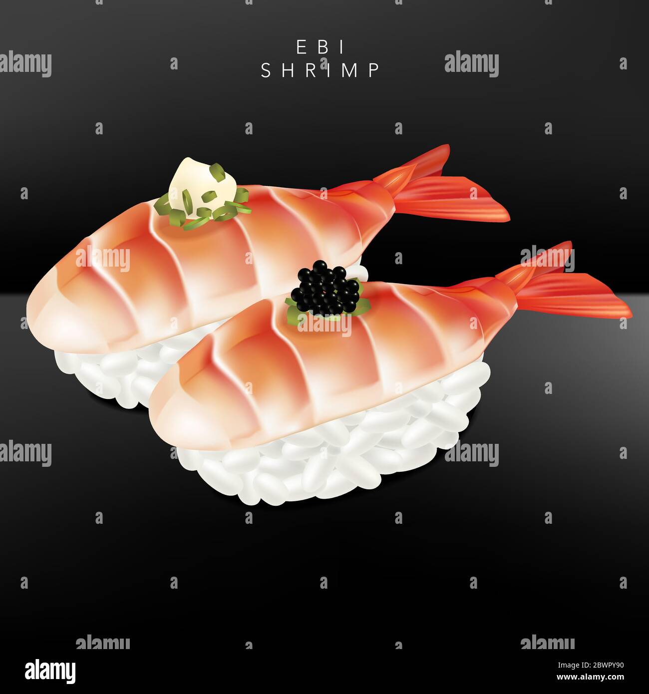 Vector Japanese fine Dining o Sushi Bar Restaurant Realistic Shrimp, gamberi o EBI Sushi Illustrazione con caviale o insalata o Mayo Dressing per Menu o. Illustrazione Vettoriale