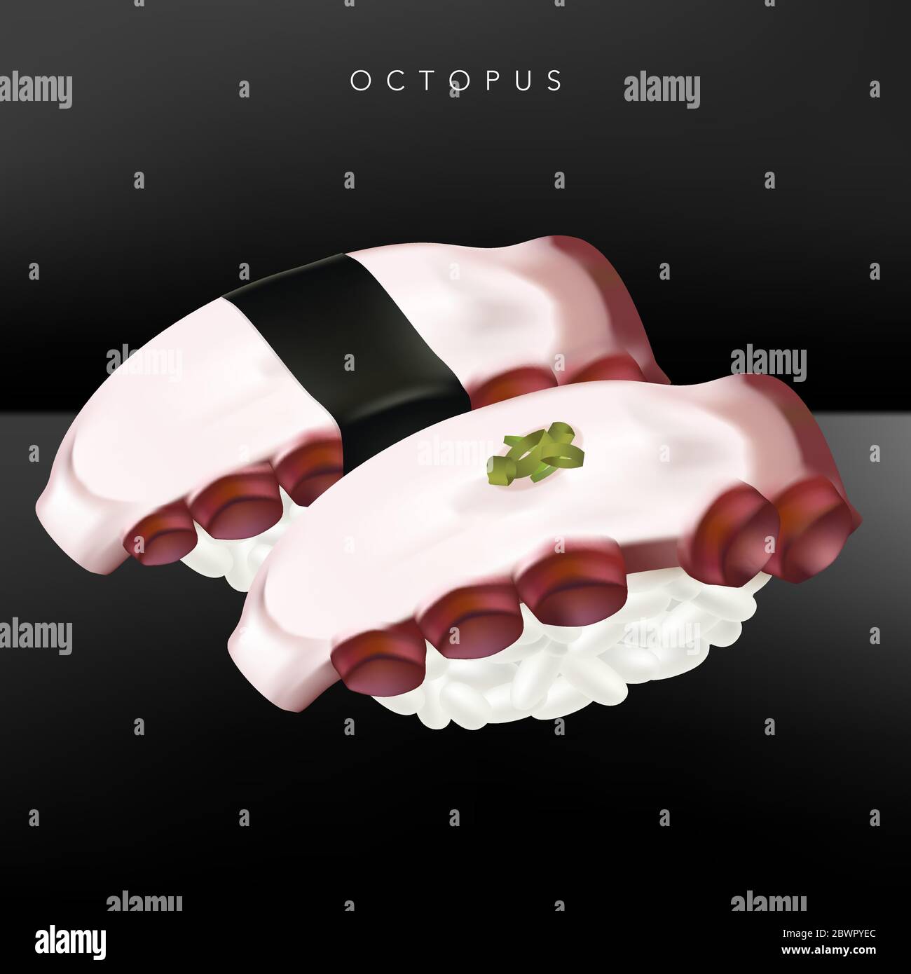 Vector Japanese fine Dining o Sushi Bar Restaurant realistic Octopus o Tako Sushi Illustration con alghe marine per menu o pubblicità. Illustrazione Vettoriale