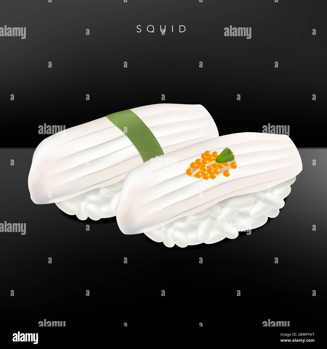 Vector Japanese fine Dining o Sushi Bar Restaurant Illustrazione realistica del Sushi Squid con Roe di pesce o foglie di basilico per Menu o Pubblicità. Illustrazione Vettoriale