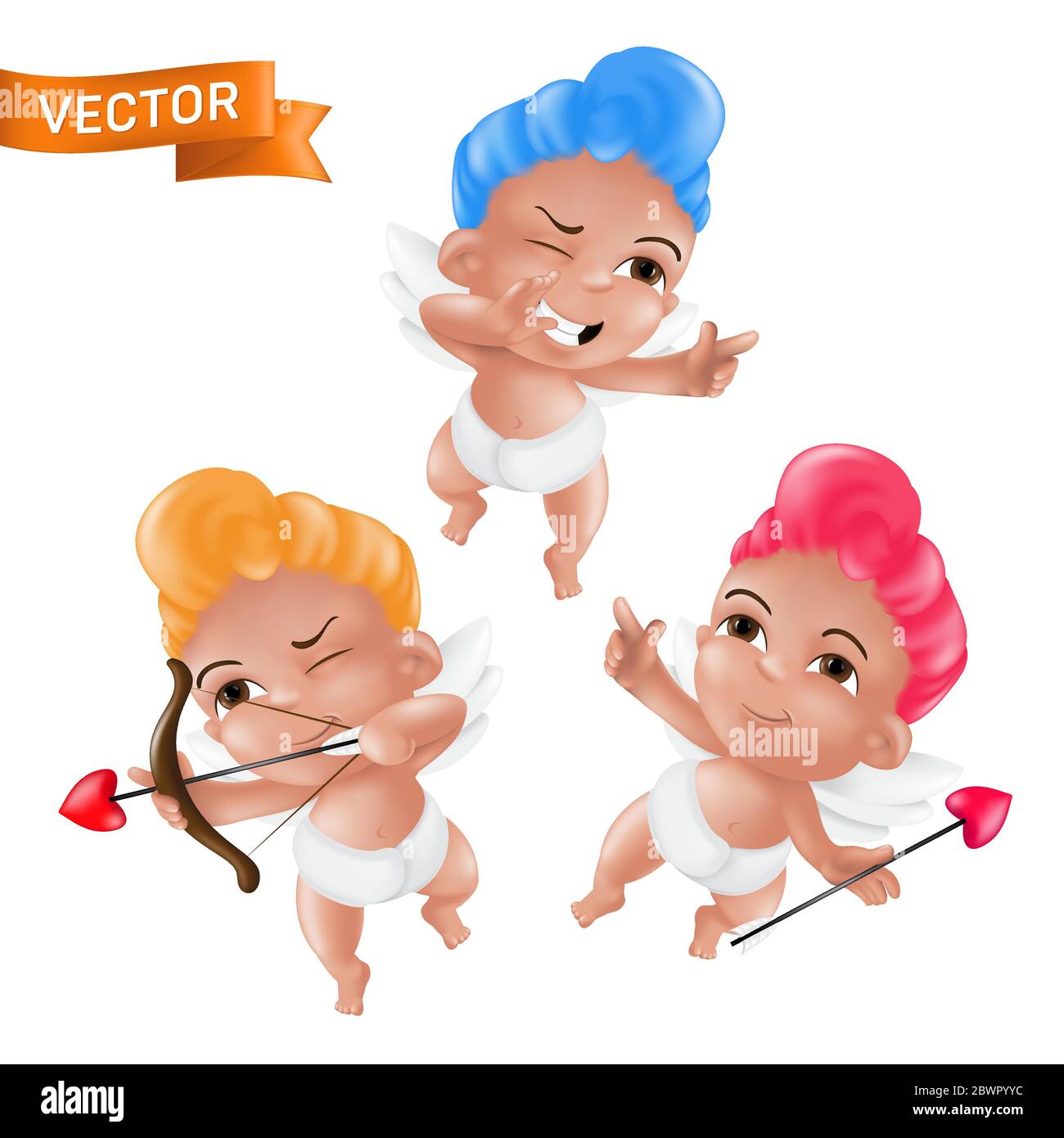 Angeli del bambino di Cupido in serie vettoriale di pose differenti. Carino volo piccolo Amur con espressioni emotive, puntando, strizzandosi e sparando frecce. Mascot cha Illustrazione Vettoriale