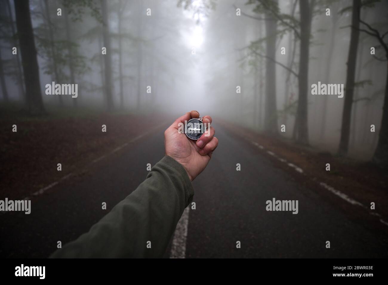 Mano maschile con bussola sullo sfondo della foresta in nebbia, punto di vista Foto Stock