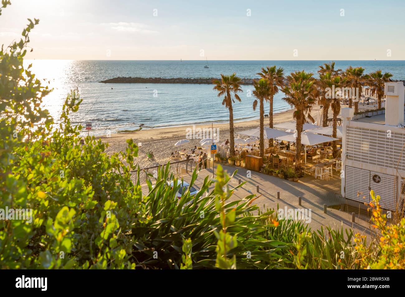 Vista della caffetteria sulla spiaggia sulla spiaggia di Nordau, Tel Aviv, Israele, Medio Oriente Foto Stock