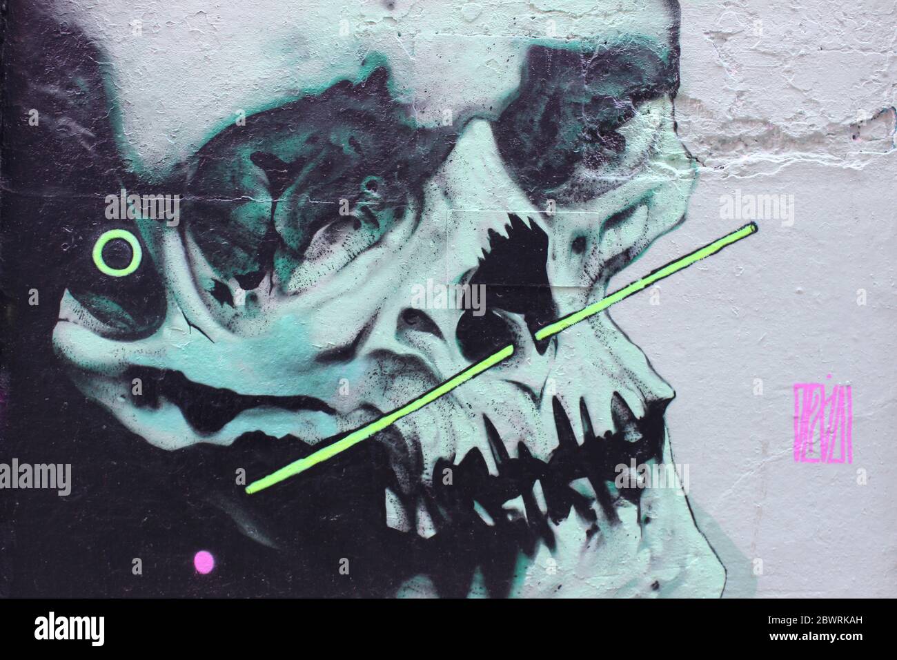 Skull Urban Street Art, Liverpool, Regno Unito Foto Stock