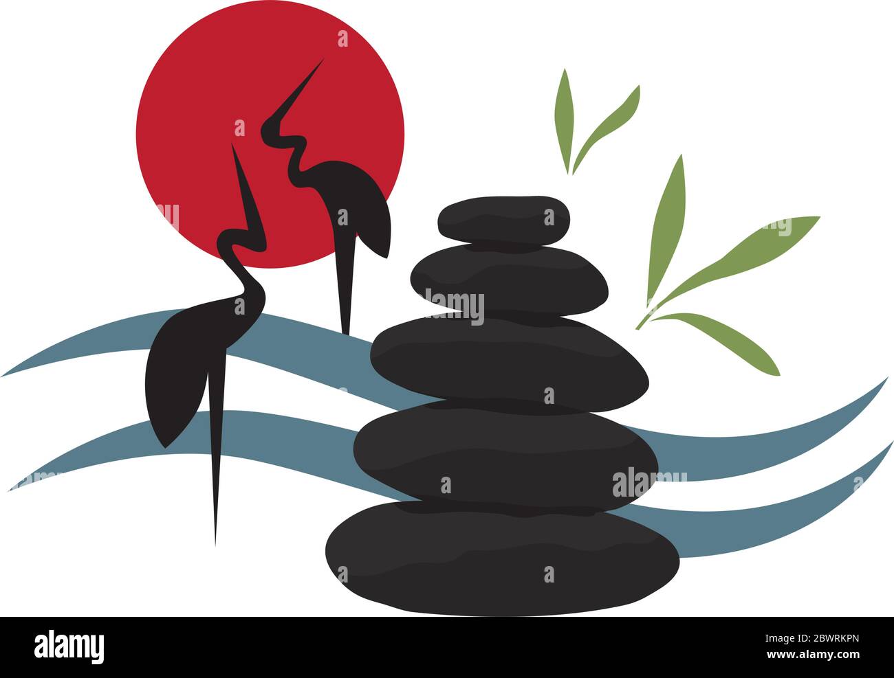 Pietre zen allineate con paesaggi astratti dell'acqua e uccelli gru, vettore Illustrazione Vettoriale