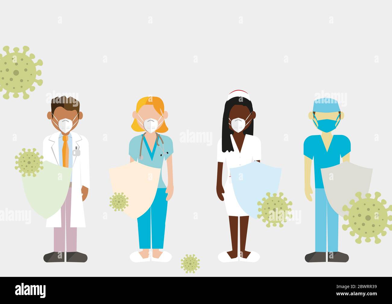 Operatori sanitari professionali medico e infermiere gruppo multirazziale multietnico che si pone insieme con protezione Covid-19 scudo coronavirus Foto Stock