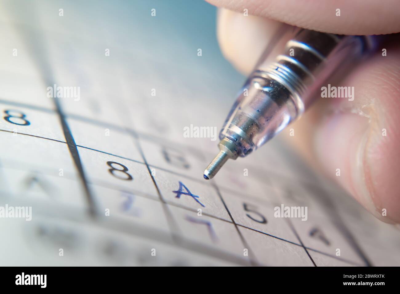 Scrivere su Sudoku puzzle con penna a sfera Foto Stock