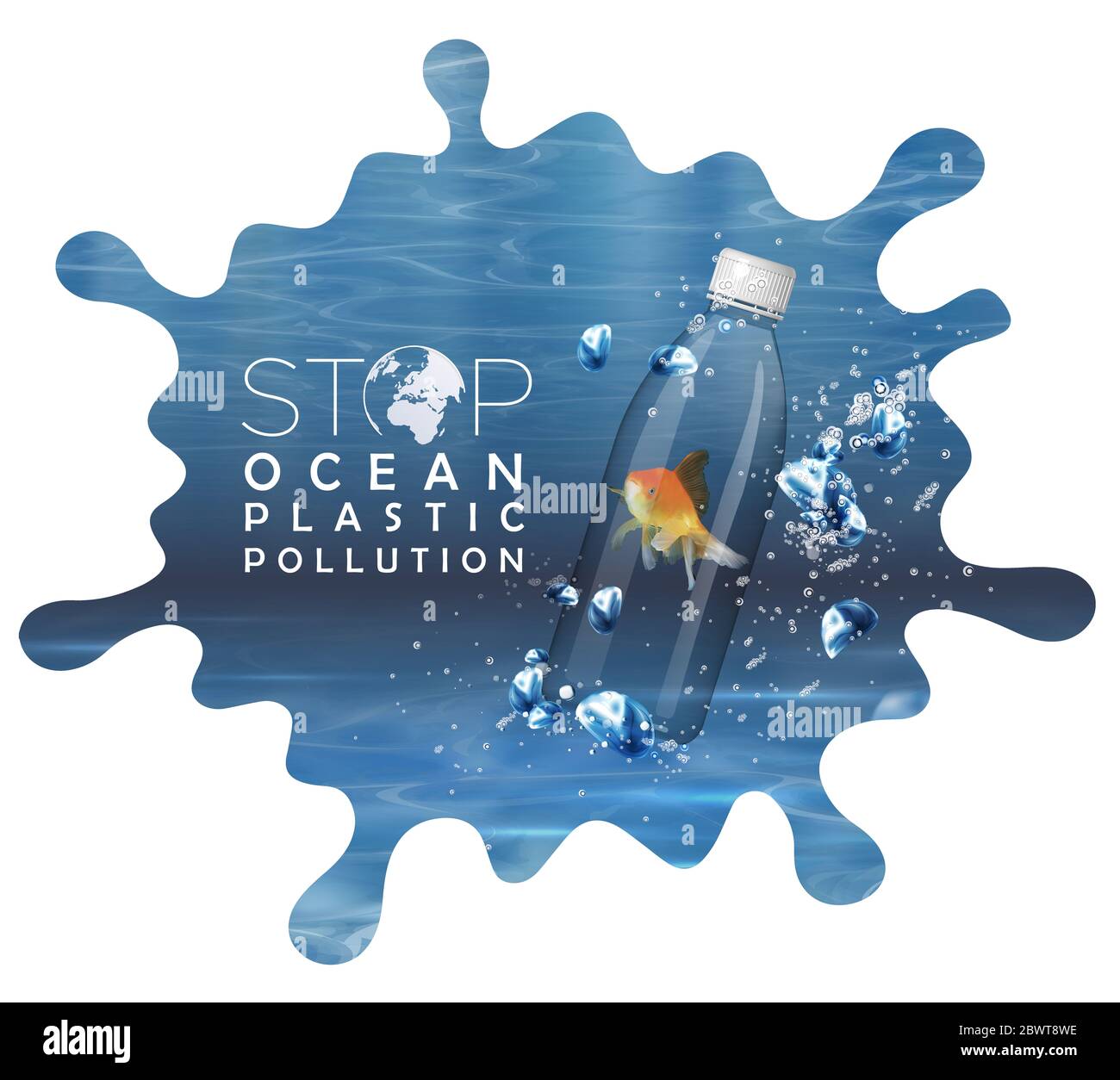 Fermare l'inquinamento Ocean Plastic. Bottiglia di plastica con pesce galleggia in acqua. Isolato su sfondo bianco. Foto Stock