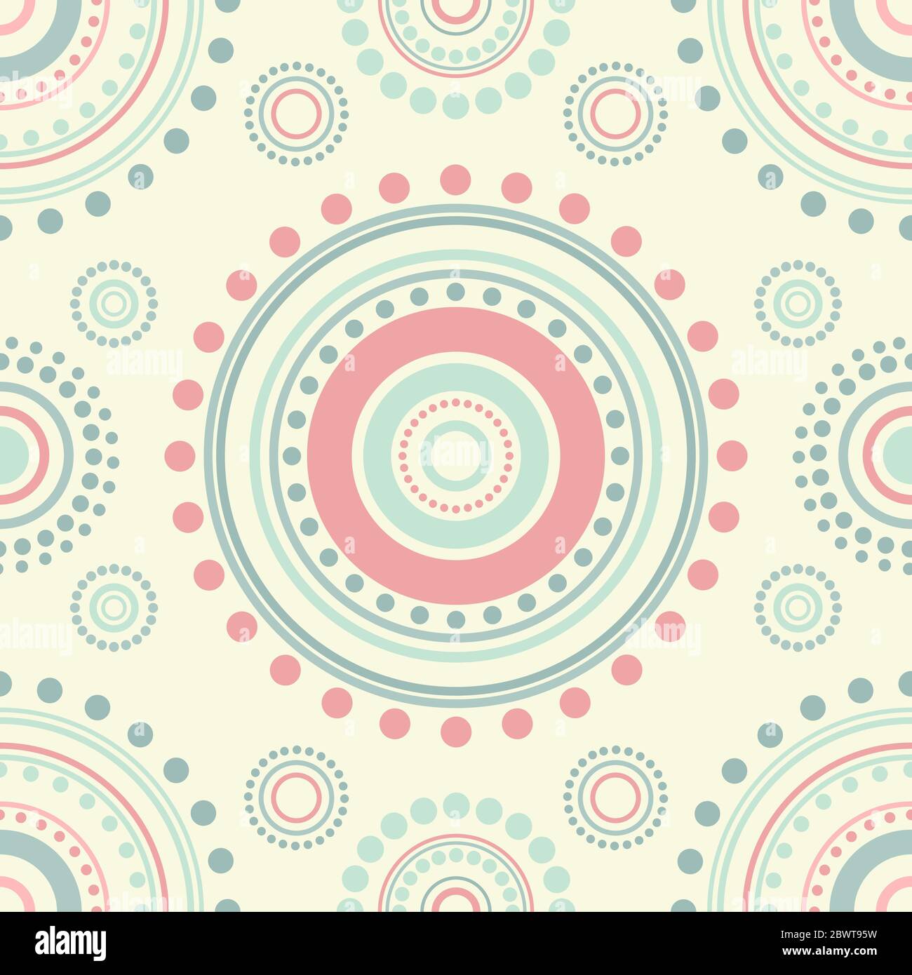 Senza cuciture motivo astratto di cerchi e punti di colore rosa e turchese. Sfondo di Kaleidoscope. Carta da parati decorativa, buona per la stampa. Vettore i Illustrazione Vettoriale