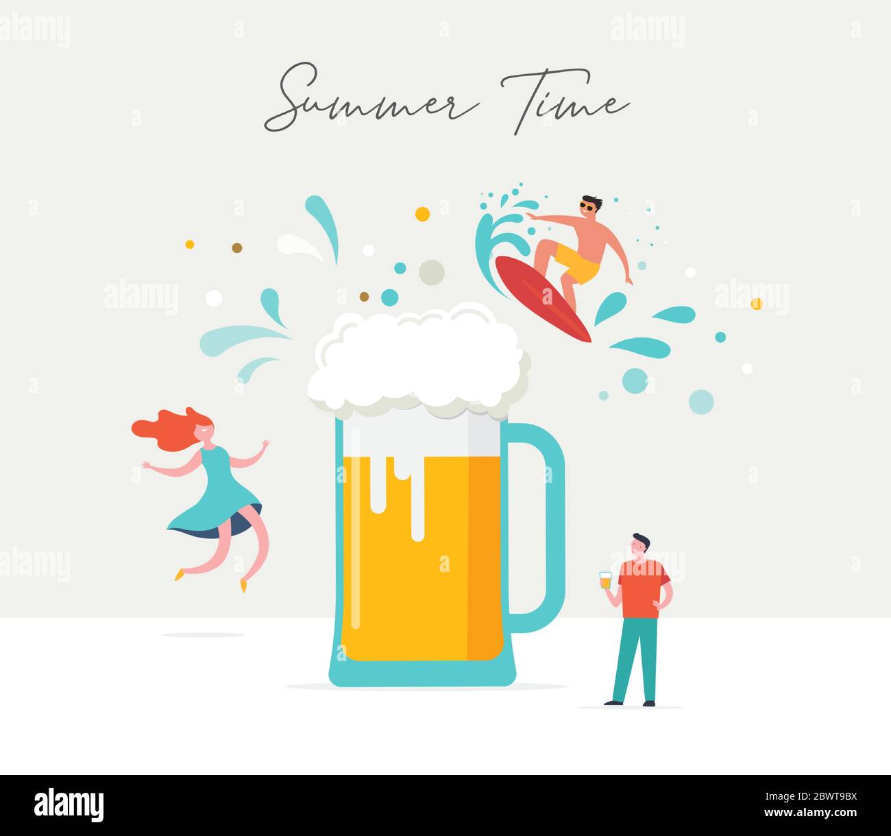 Scena estiva, gruppo di persone, famiglia e amici che si divertono intorno a una birra enorme, surf, nuoto in piscina, bere bevande fredde, giocare sul Illustrazione Vettoriale