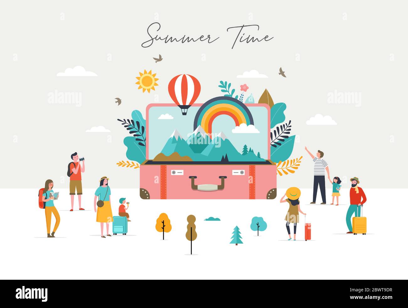 Scena estiva, gruppo di persone, divertirsi intorno a una grande valigia aperta con scena di viaggio, montagne, natura, arcobaleno e mongolfiera Illustrazione Vettoriale