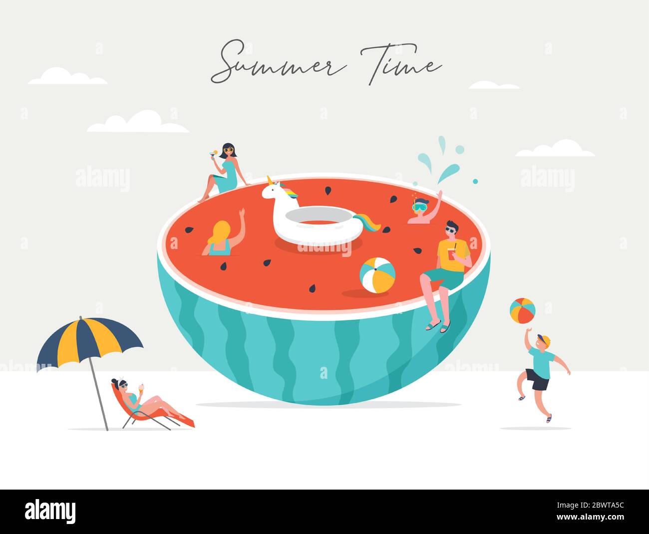 Scena estiva, gruppo di persone che si divertono intorno ad un enorme watermellon, surf, nuoto in piscina, bere bevande fredde, giocare sulla spiaggia Illustrazione Vettoriale