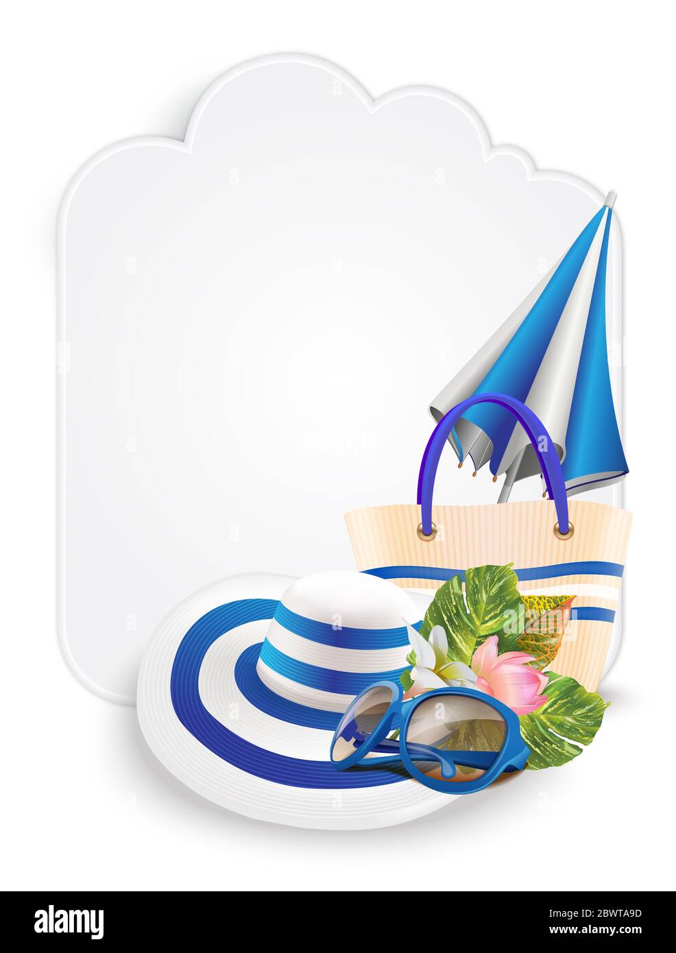 Modello di progettazione per le vendite estive. Illustrazione con disegno stagionale per il coupon, il voucher, la bandiera, il flyer.semplicemente aggiunga il vostro messaggio allo spazio vuoto al banner Foto Stock