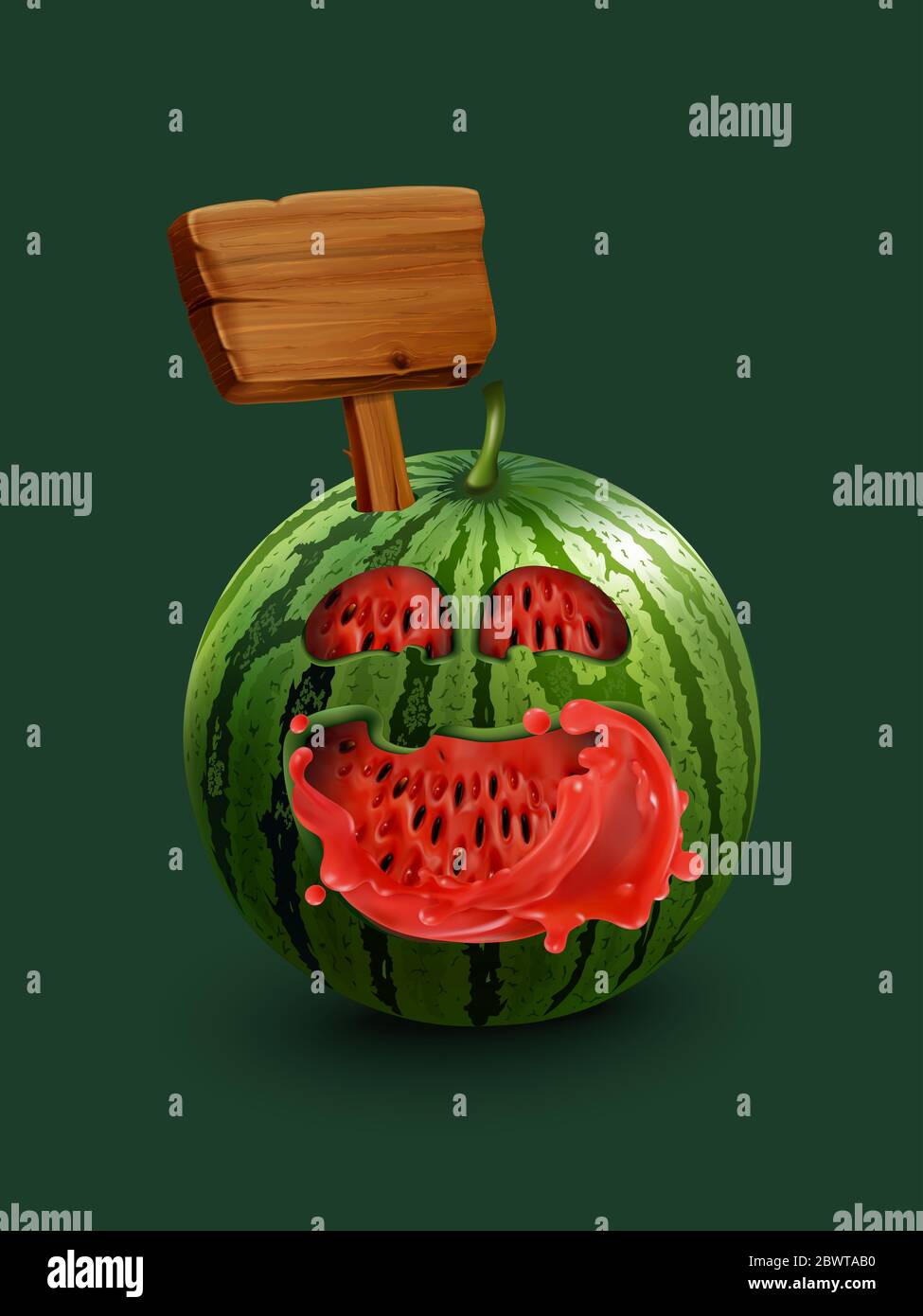 Cocomero Juicy fresco con felice taglio del viso. Cocomero realistico con polpa, semi e segno di legno. Aggiungere il messaggio allo spazio vuoto sul segno. Foto Stock