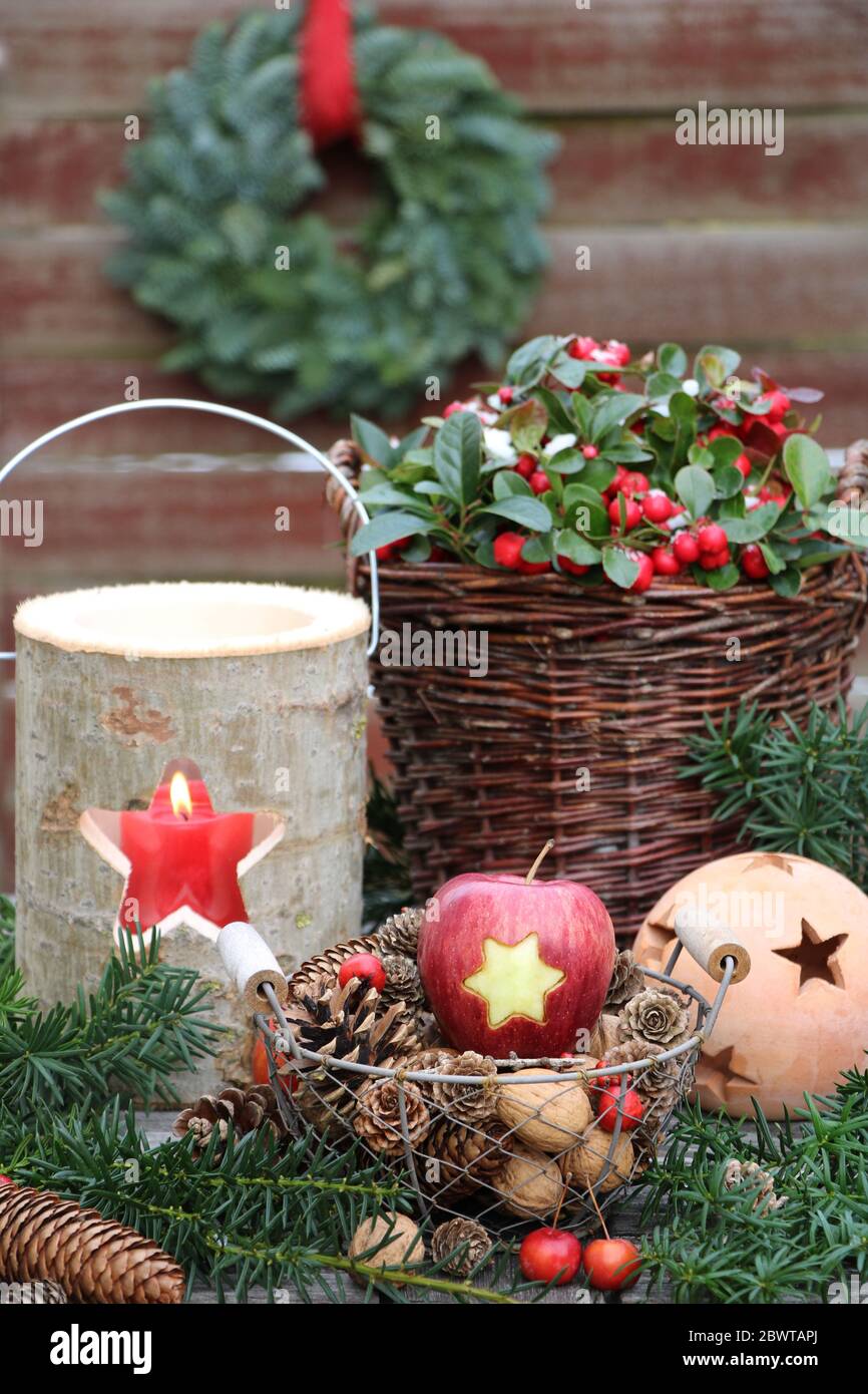 mela con ornamento stella, lanterna e wintergreen americano come decorazione di natale Foto Stock