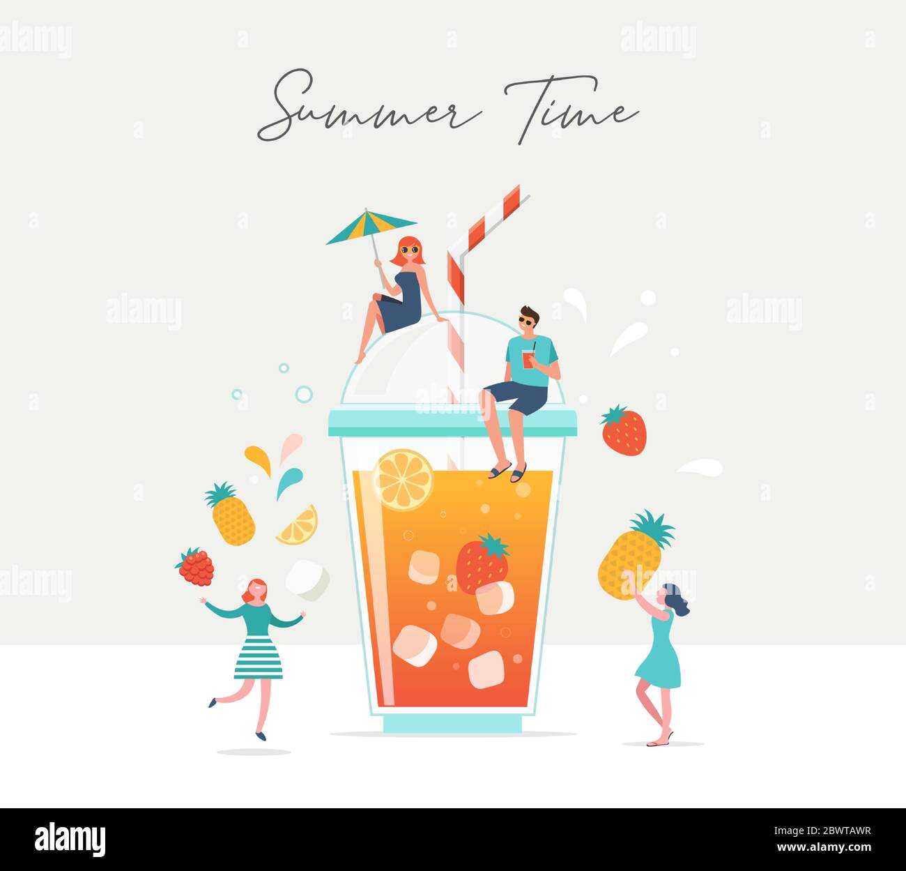 Scena estiva, gruppo di persone, famiglia e amici che si divertono intorno a un enorme bicchiere di succo di frutta, frullato di frutta, surf, nuoto in piscina, bere Illustrazione Vettoriale
