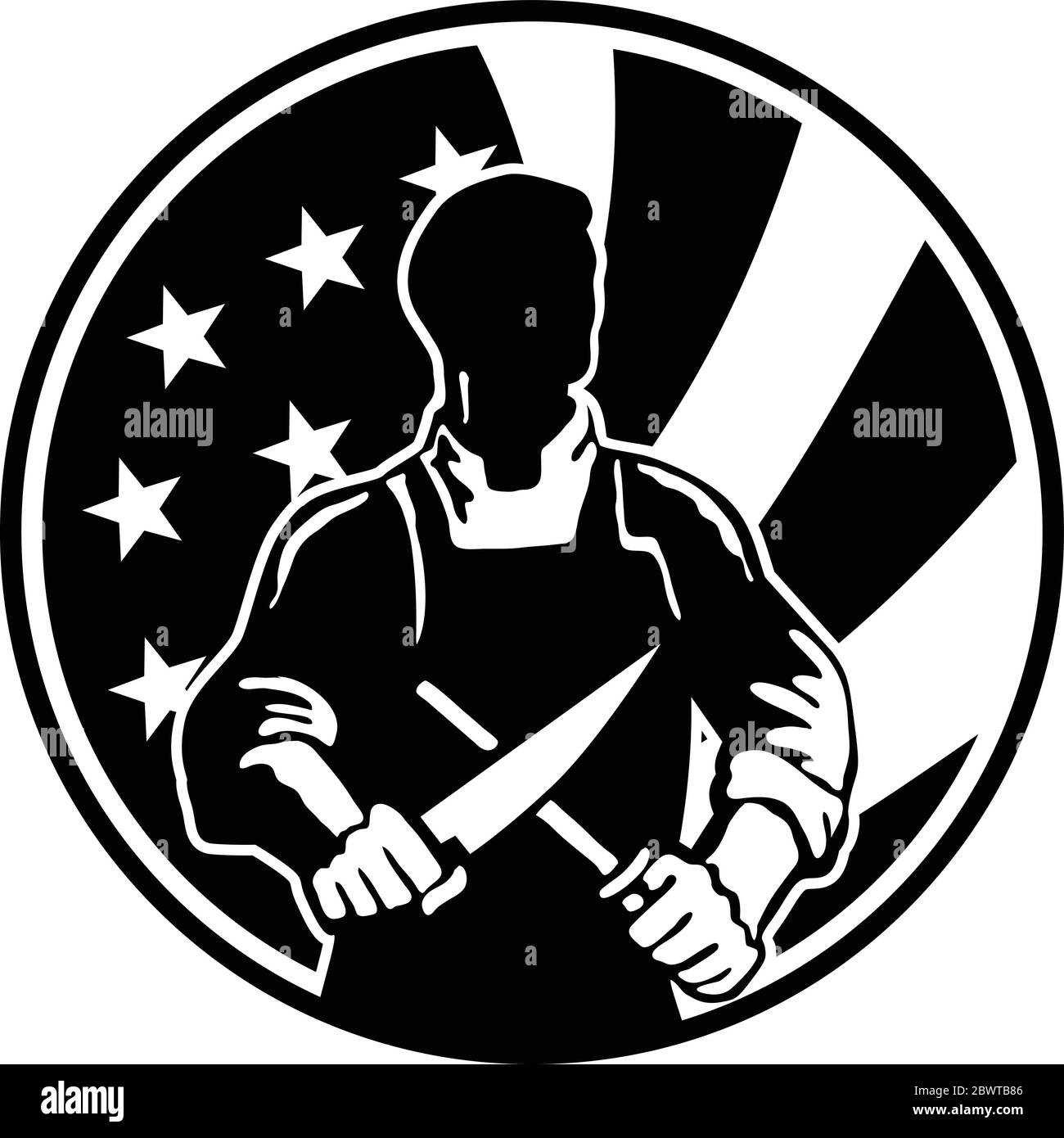 Icona di stile retrò illustrazione di un American macellaio coltello affilatura se visto dalla parte anteriore con gli Stati Uniti d'America USA star lamas banner o sta Illustrazione Vettoriale