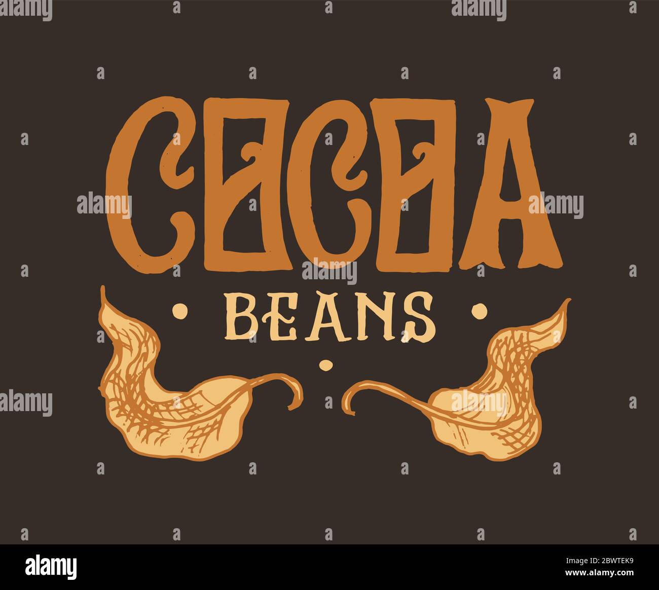 Foglie di cacao. Badge o logo vintage per t-shirt, tipografia, negozio o cartelloni. Schizzo inciso disegnato a mano. Illustrazione vettoriale. Illustrazione Vettoriale