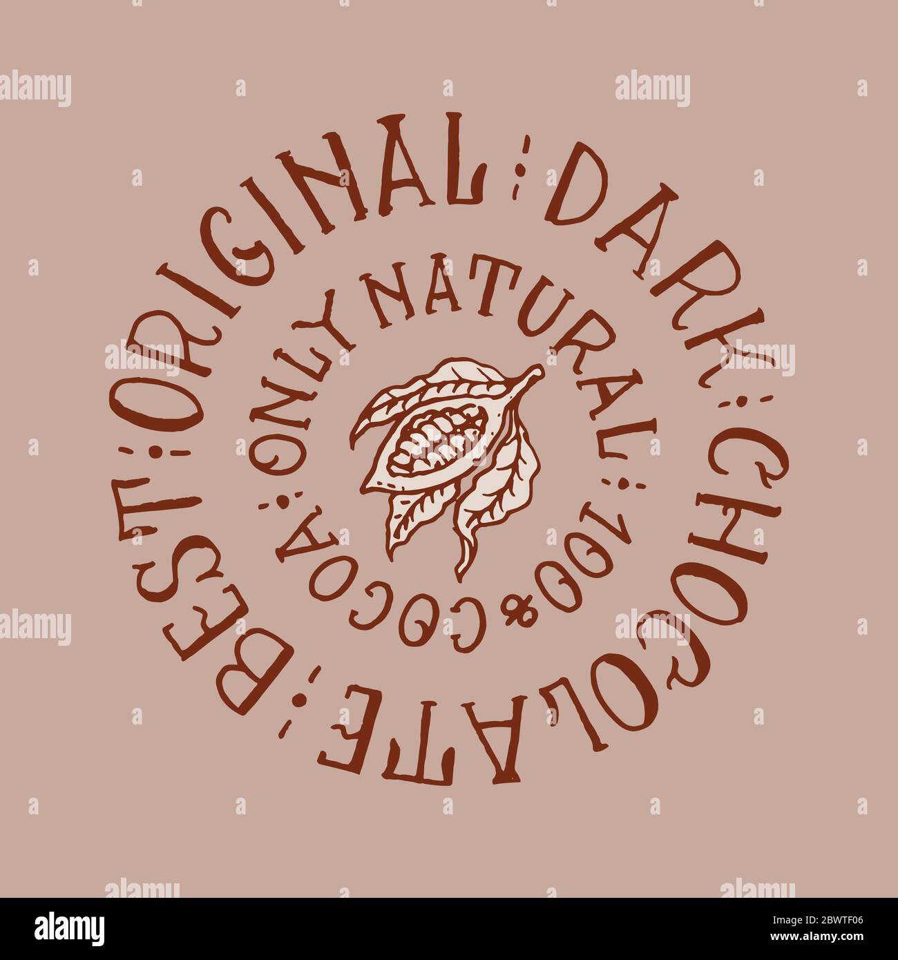 Fagioli di cacao. Badge o logo vintage per t-shirt, tipografia, negozio o cartelloni. Schizzo inciso disegnato a mano. Illustrazione vettoriale. Illustrazione Vettoriale