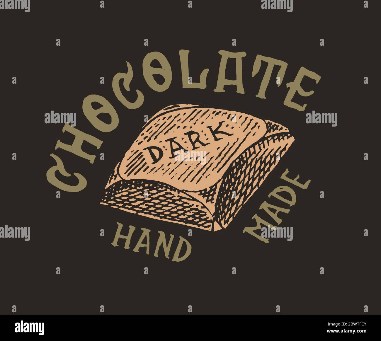 Cioccolato al cacao. Badge o logo vintage per t-shirt, tipografia, negozio o cartelloni. Schizzo inciso disegnato a mano. Illustrazione vettoriale. Illustrazione Vettoriale