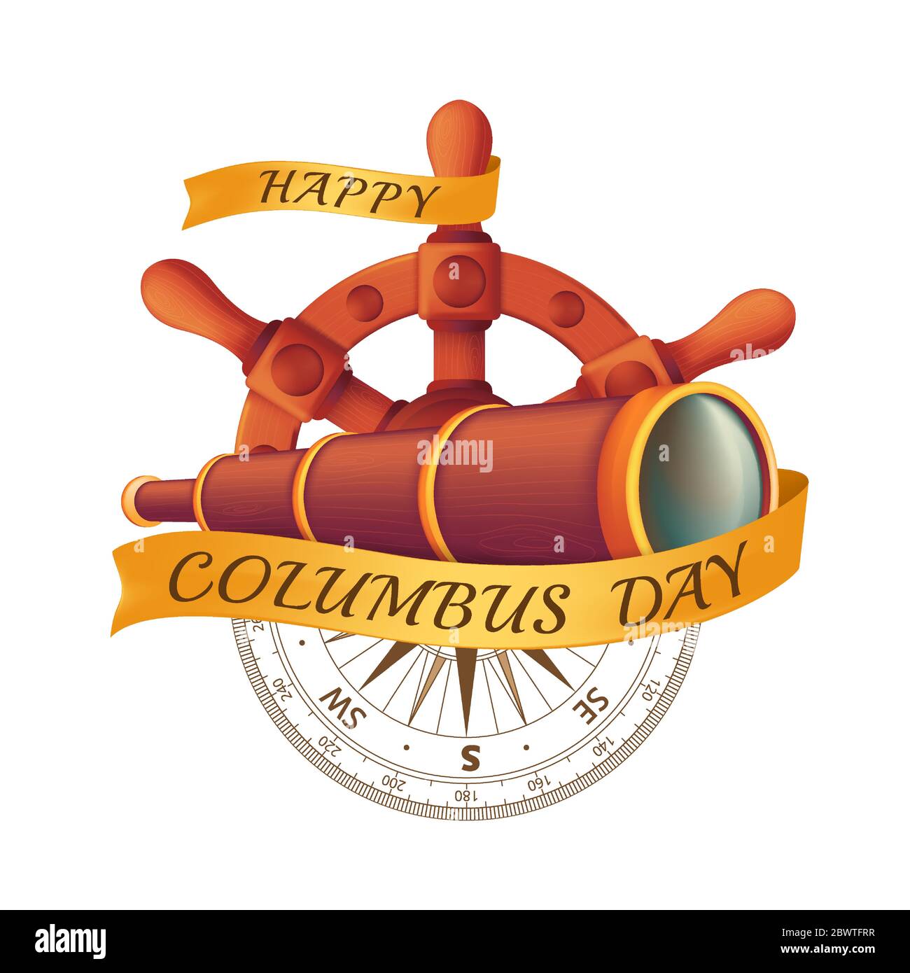 Simbolo festivo per il giorno felice di Colombo - America Scopri il simbolo delle vacanze. Illustrazione vettoriale con volante antico, vetro spia, antica bussola AN Illustrazione Vettoriale