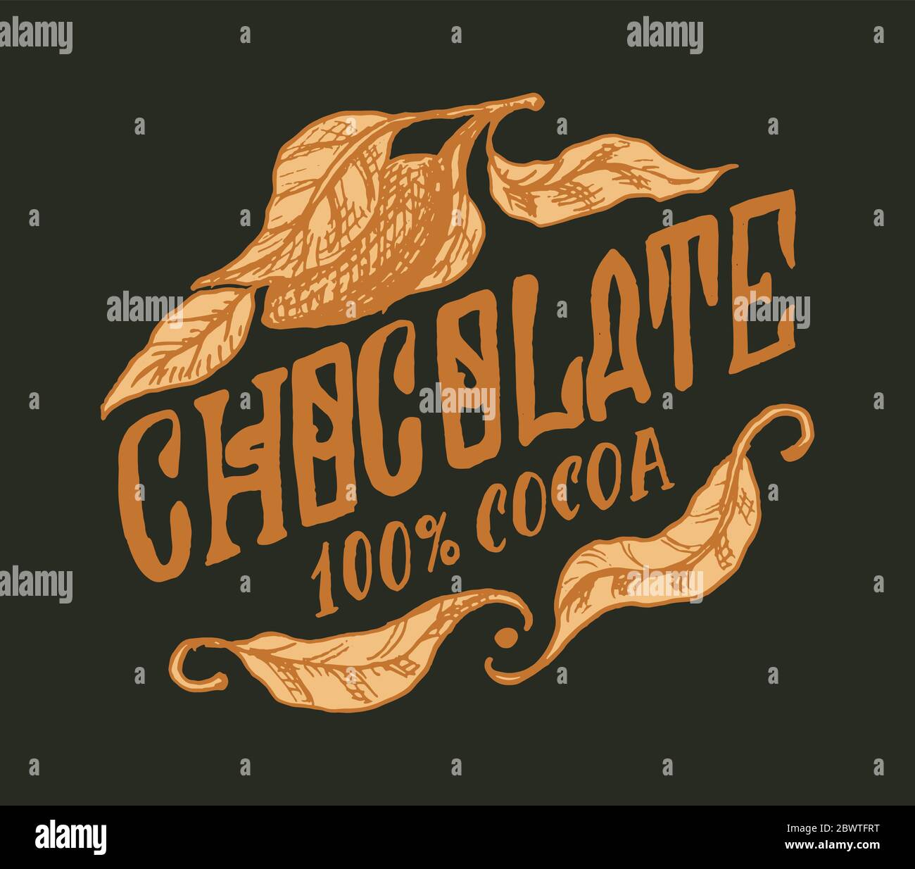 Foglie di cacao. Badge o logo vintage per t-shirt, tipografia, negozio o cartelloni. Schizzo inciso disegnato a mano. Illustrazione vettoriale. Illustrazione Vettoriale