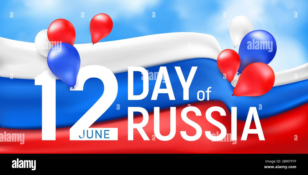 Banner o poster di auguri per la nazionale festa russa indipendenza. Illustrazione vettoriale con bandiera tricolore ondulata e ballo multicolore Illustrazione Vettoriale