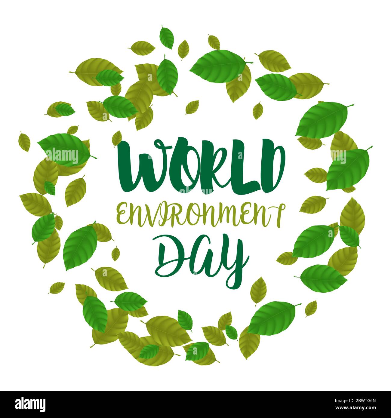 Cornice rotonda della Giornata Mondiale dell'ambiente composta da foglie verdi. Illustrazione vettoriale con fogliame roteato sotto forma di globo terrestre isolato su bianco ba Illustrazione Vettoriale