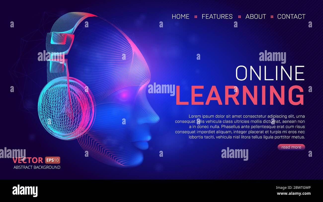 Progettazione di modelli di banner o landing page per l'istruzione online. Illustrazione vettoriale in stile line art tecnologico con testa cibernetica astratta o. Illustrazione Vettoriale