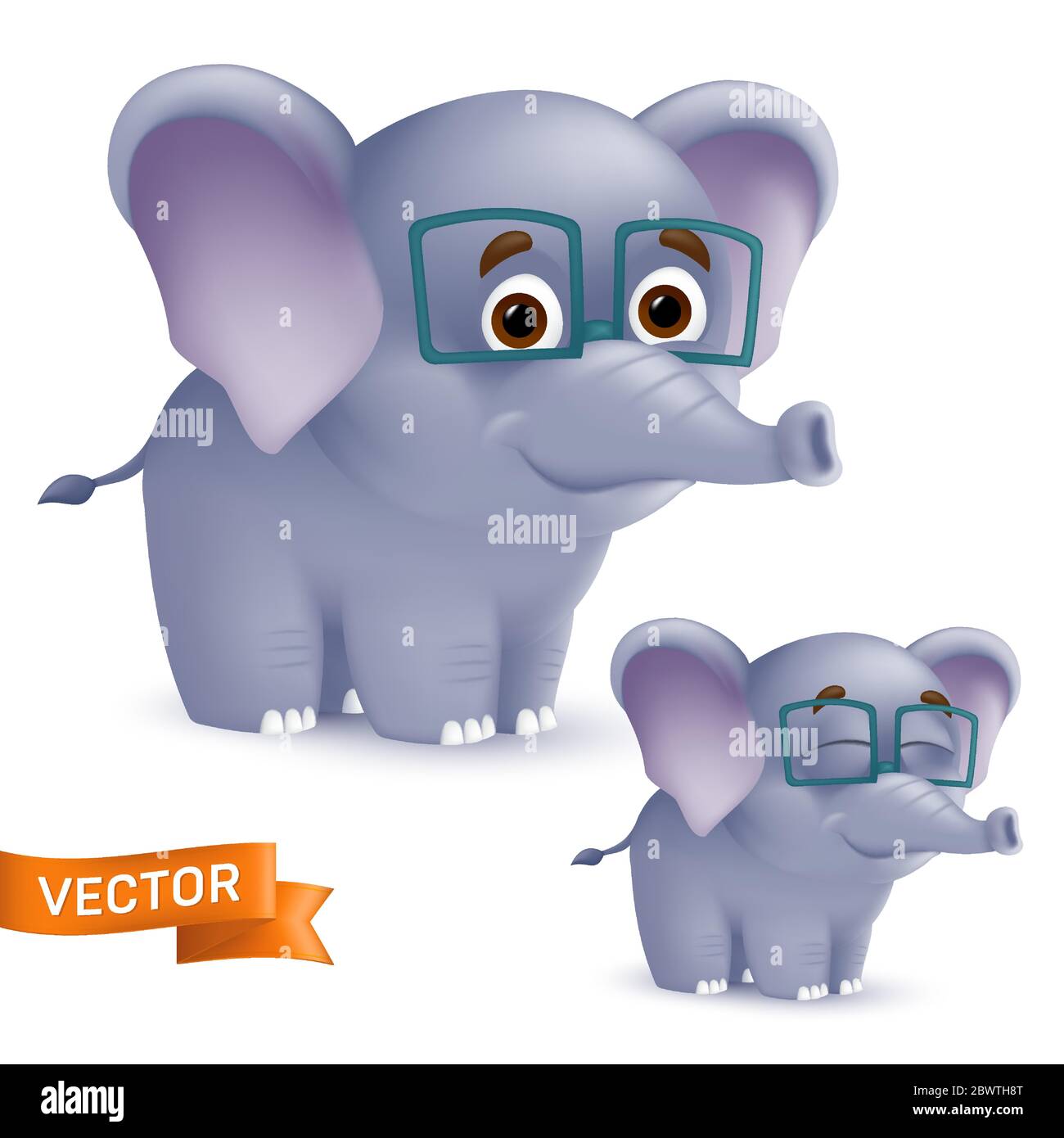 Carino personaggio elefante del bambino dei cartoni animati in piedi e sorridente in occhiali. Illustrazione vettoriale di un animale neonato mascotte della fauna selvatica africana isolato su WI Illustrazione Vettoriale