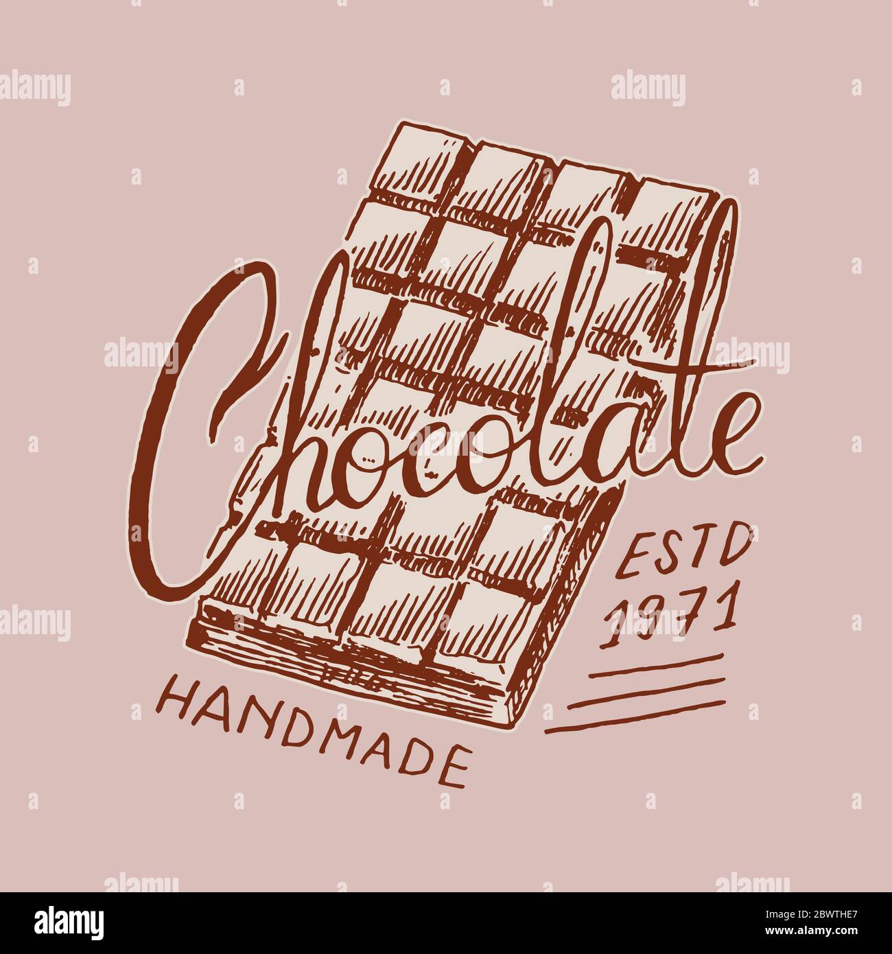 Barretta di cioccolato. Badge o logo vintage per t-shirt, tipografia, negozio o cartelloni. Schizzo inciso disegnato a mano. Illustrazione vettoriale. Illustrazione Vettoriale