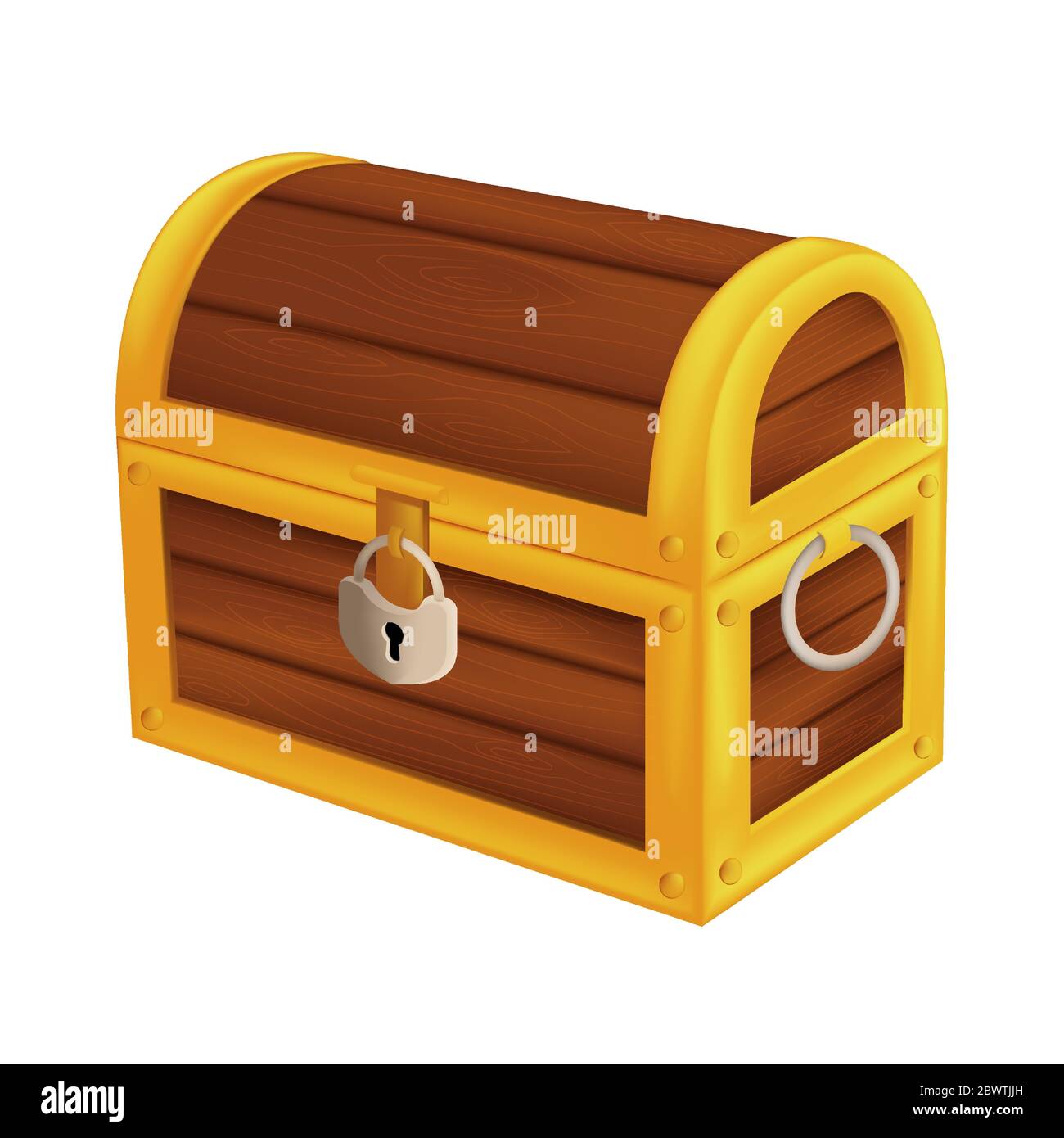 Tesoro di legno pirata petto. Illustrazione vettoriale isometrica del tronco di denaro chiuso d'epoca con lucchetto in metallo e manico isolato su sfondo bianco Illustrazione Vettoriale