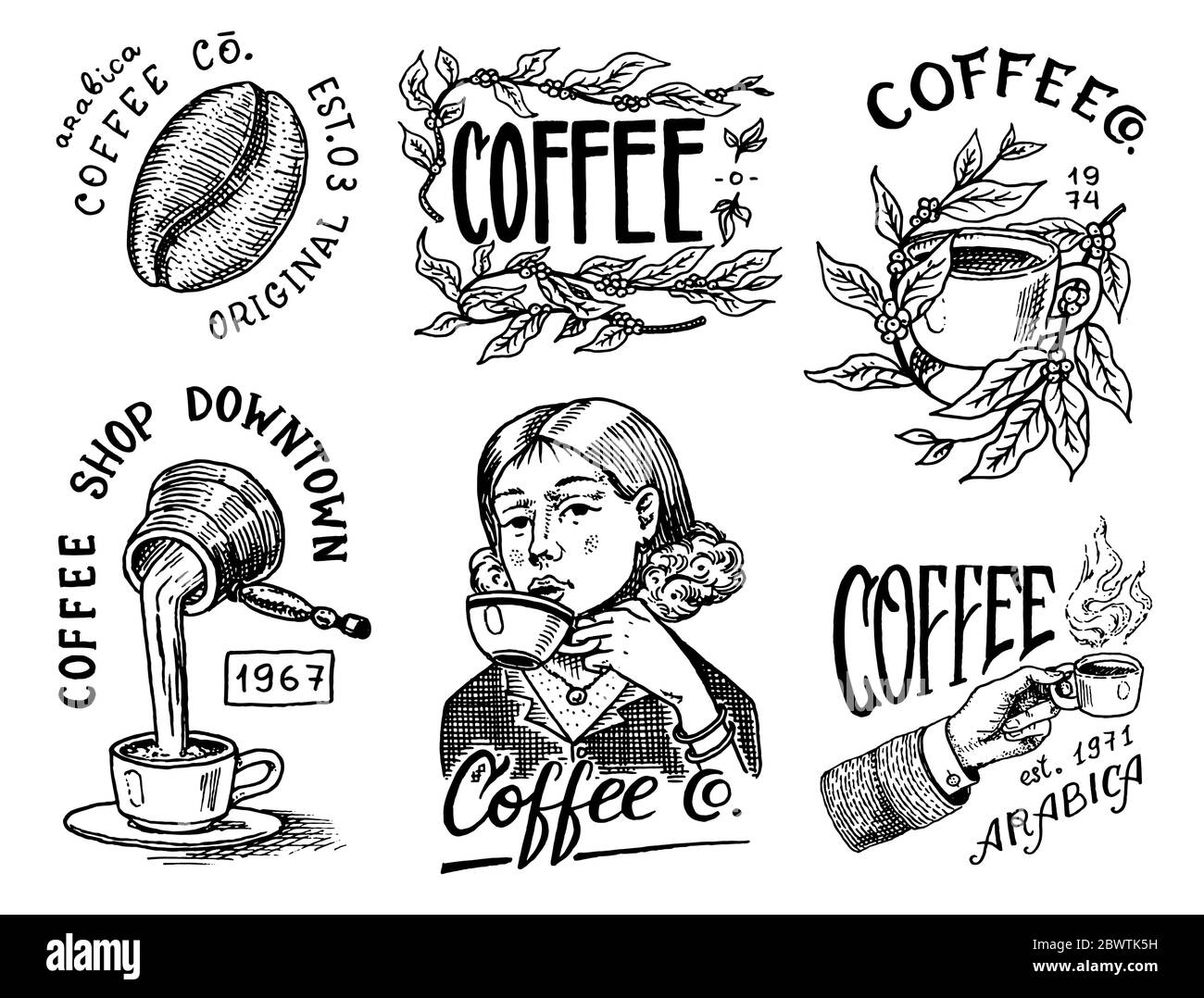 Logo e emblema della caffetteria. Cacao, grani e caraffa, tazza di bevanda. La ragazza tiene una tazza. Set di badge vintage retrò. Modelli per t-shirt, tipografia Illustrazione Vettoriale