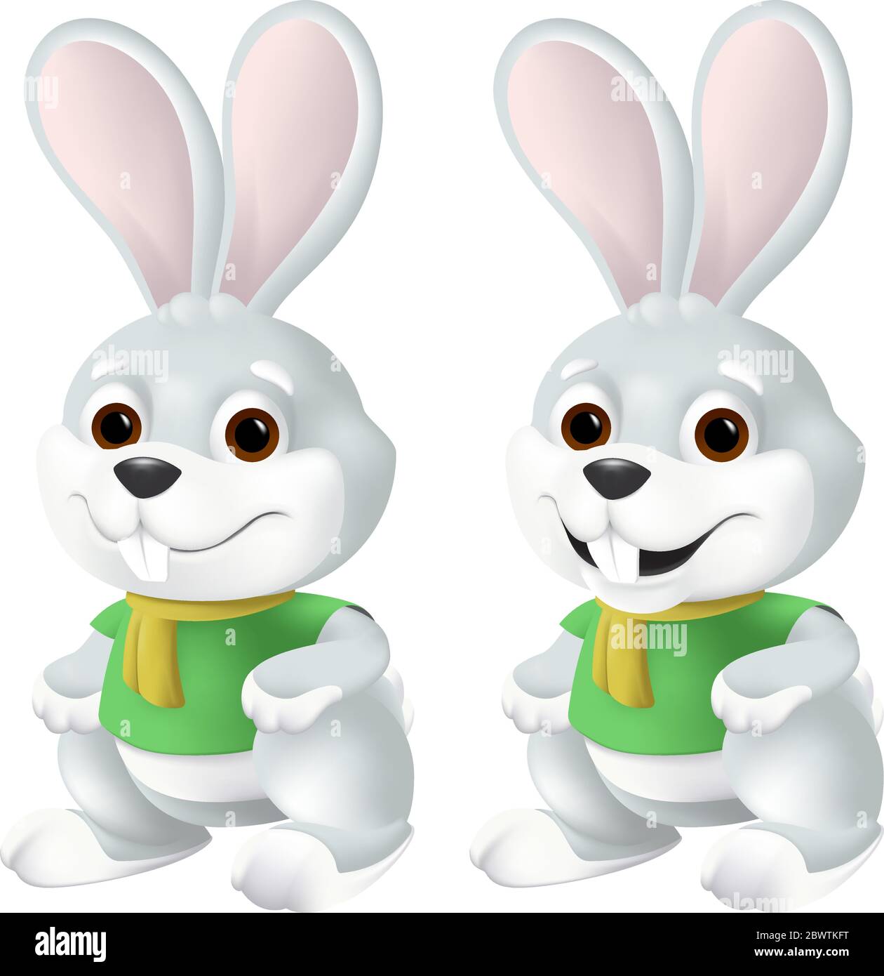 Simpatico coniglietto pasquale in sciarpa gialla e camicia verde con occhi grandi e orecchie isolate su sfondo bianco. Divertente vettore mascotte illustrazione del carattere di s. Illustrazione Vettoriale