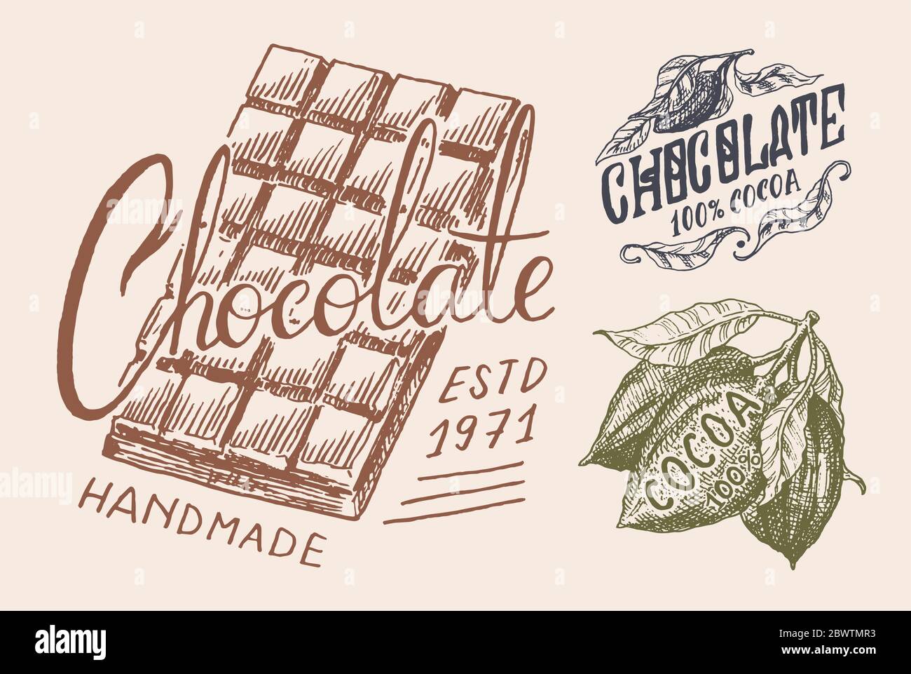 Cacao Beans e cioccolato bar. Badge o logo vintage per t-shirt, tipografia, negozio o cartelloni. Schizzo inciso disegnato a mano. Illustrazione vettoriale. Illustrazione Vettoriale