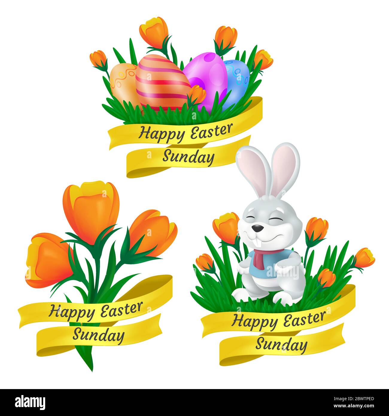 Happy Pasqua Domenica set con nastro d'oro, coniglio carino, uova decorative e fiori tulipani isolato su sfondo bianco. Illustrazione vettoriale nello stile 3d Illustrazione Vettoriale