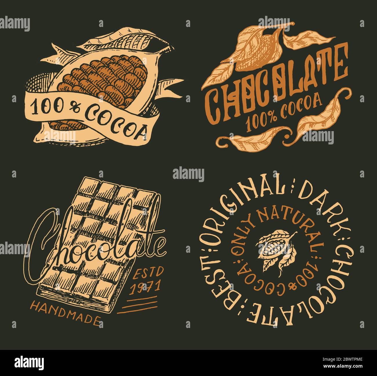 Cacao Beans e cioccolato bar. Badge o logo vintage per t-shirt, tipografia, negozio o cartelloni. Schizzo inciso disegnato a mano. Illustrazione vettoriale. Illustrazione Vettoriale