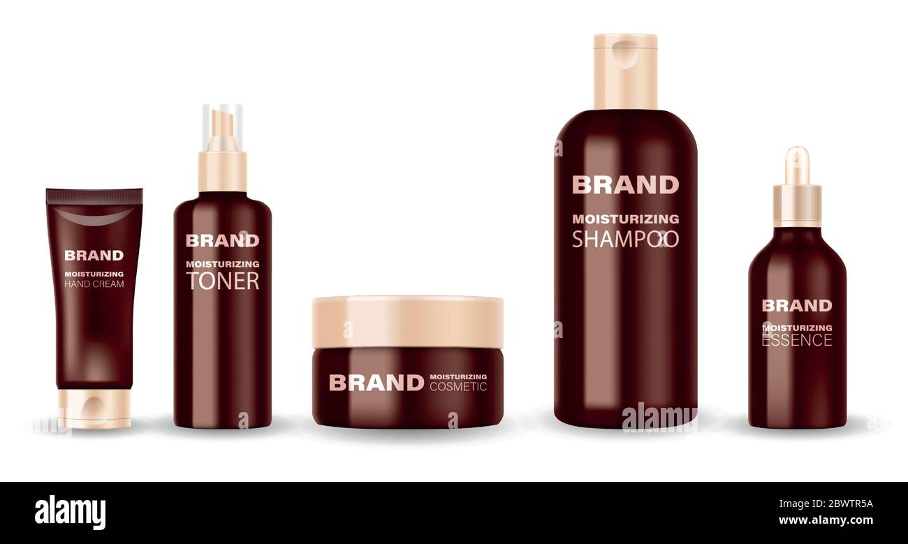 Tubi cosmetici bianchi di lusso su sfondo bianco. Colori marrone e pastello. Branding contenitori cosmetici isolati. Crema per le mani, shampoo, sapone liquido Illustrazione Vettoriale