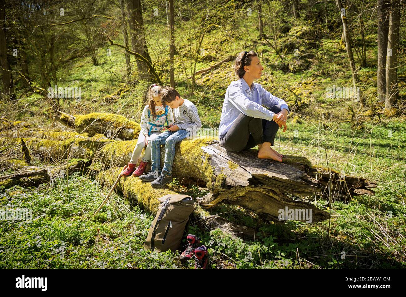 Donna che esplora la foresta mentre i bambini sono dipendenti da smartphone a Swabian Jura Foto Stock