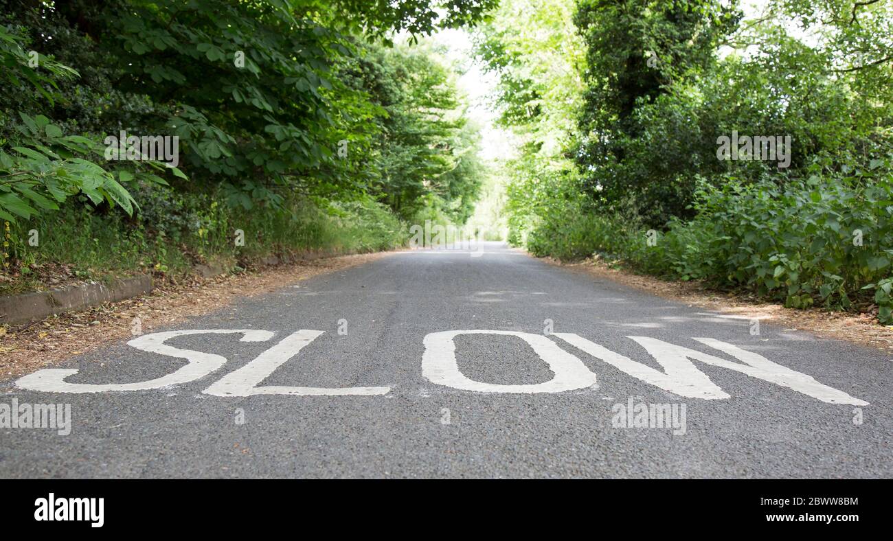 Angolo basso, primo piano di UNA STRADA STERRATA dipinta su una strada di campagna britannica in estate. Sicurezza stradale con riconoscimento della velocità nel Regno Unito. Foto Stock