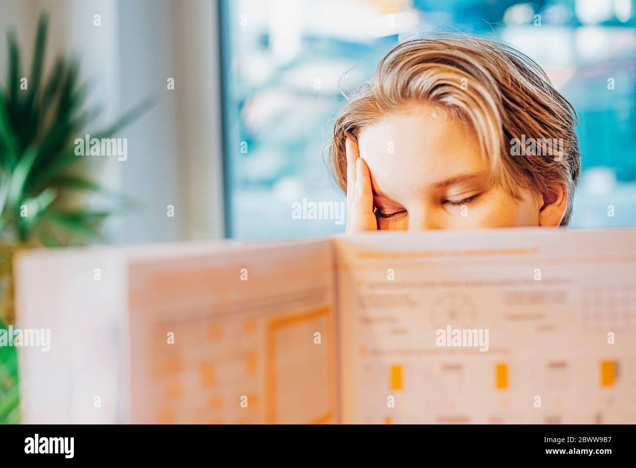 Ragazzo frustrato dietro libro degli esercizi Foto Stock