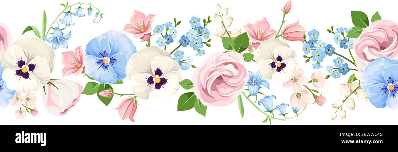 Bordo orizzontale senza giunture vettoriale con lisianti rosa, bianchi e blu, pantie, bluebells e fiori "dimentichi-me-non" su sfondo bianco. Illustrazione Vettoriale