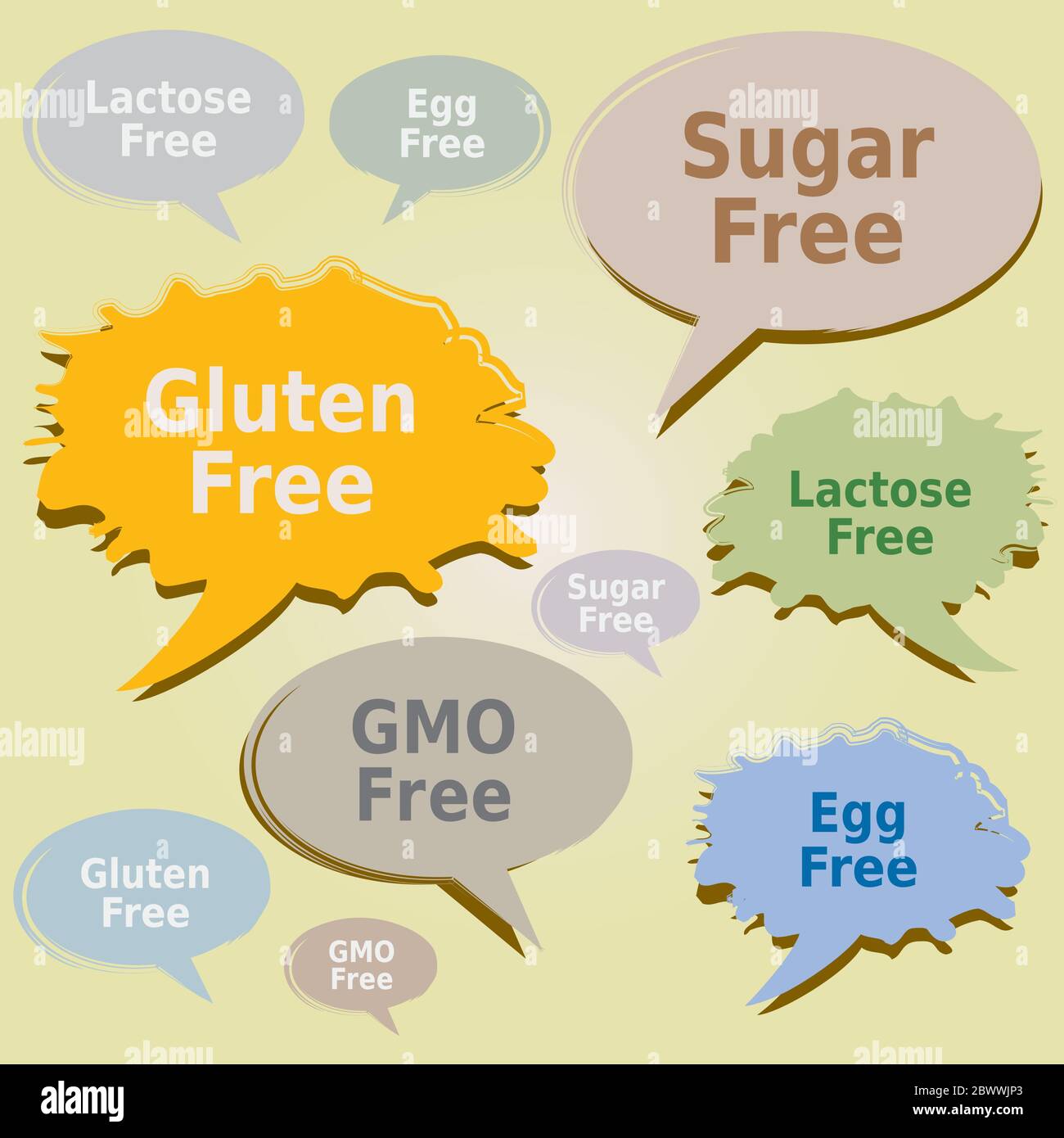 Finestre di dialogo e tag sugli allergeni alimentari. Etichette prive di glutine, zucchero, lattosio, uova e OGM in lingua inglese Illustrazione Vettoriale