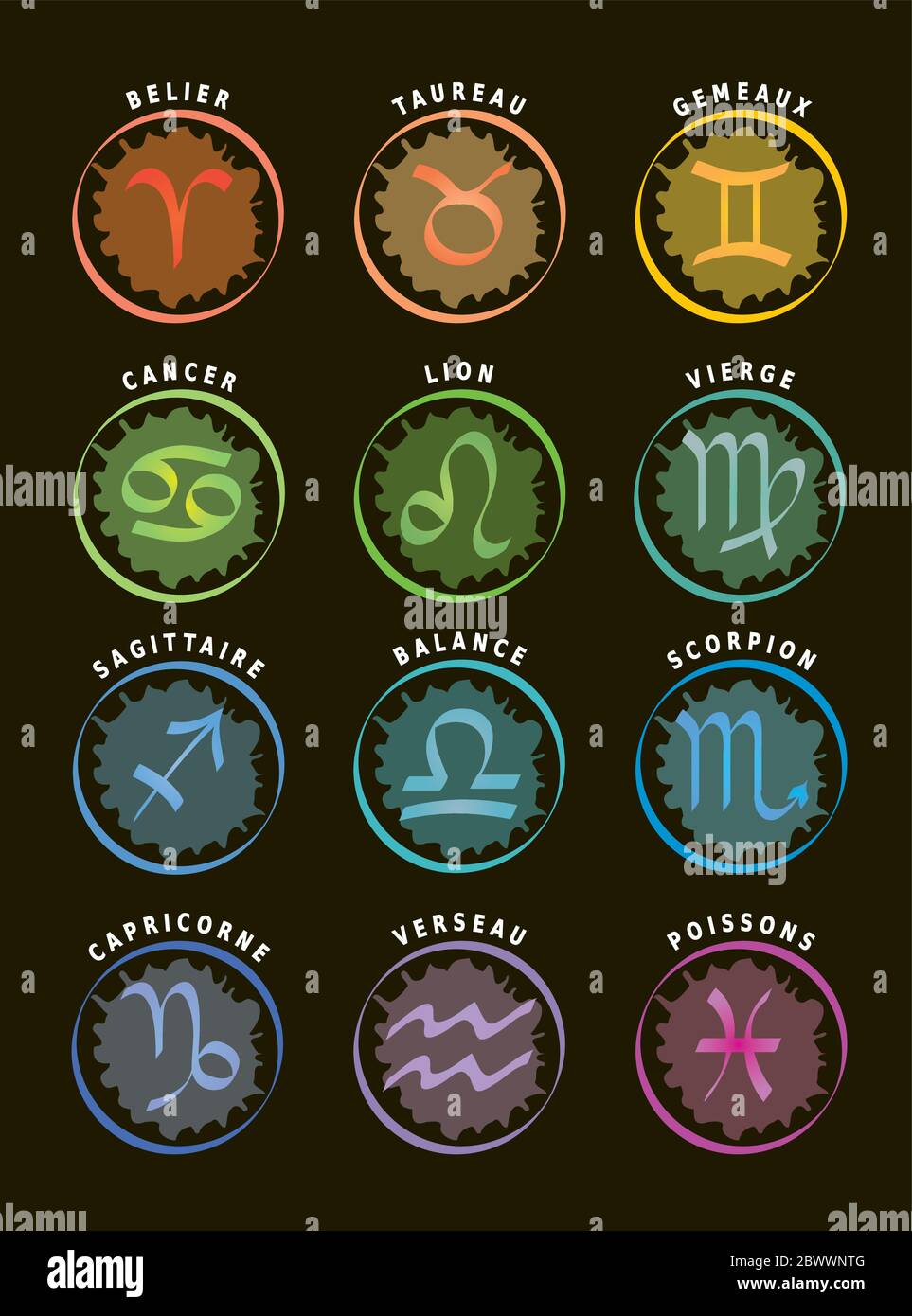 Segni zodiacali, dodici icone astrologiche con nomi in francese, sfondo nero Illustrazione Vettoriale