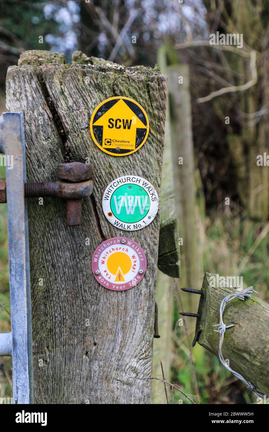 Frecce di marcatura di senso per la strada del Cheshire del sud, camminate di Whitchurch e la ruota di Whitchurch su un palo di legno, Cheshire, Inghilterra, Regno Unito Foto Stock