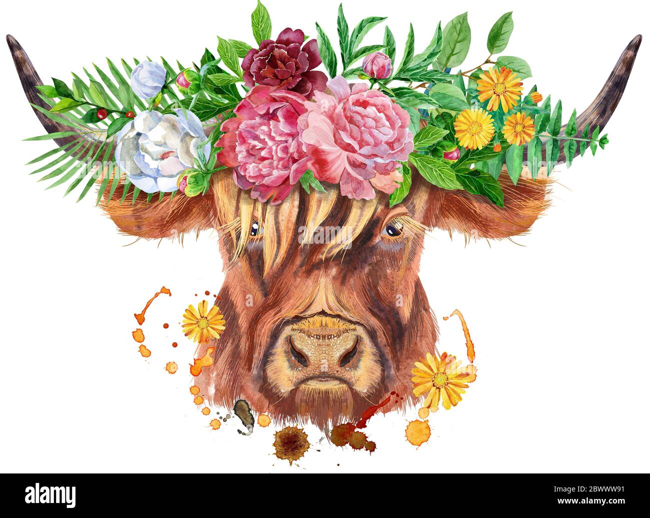 Illustrazione acquerello di un toro marrone a corna lunga con fiori Foto Stock