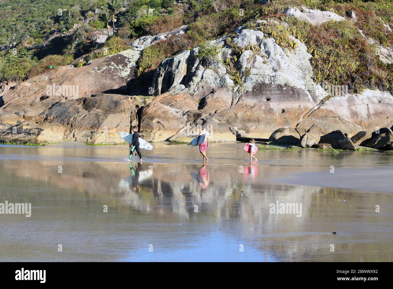 La famiglia va a surfing. Due adulti e un bambino camminano sul mare, di fronte alle rocce, con tavole. Foto Stock