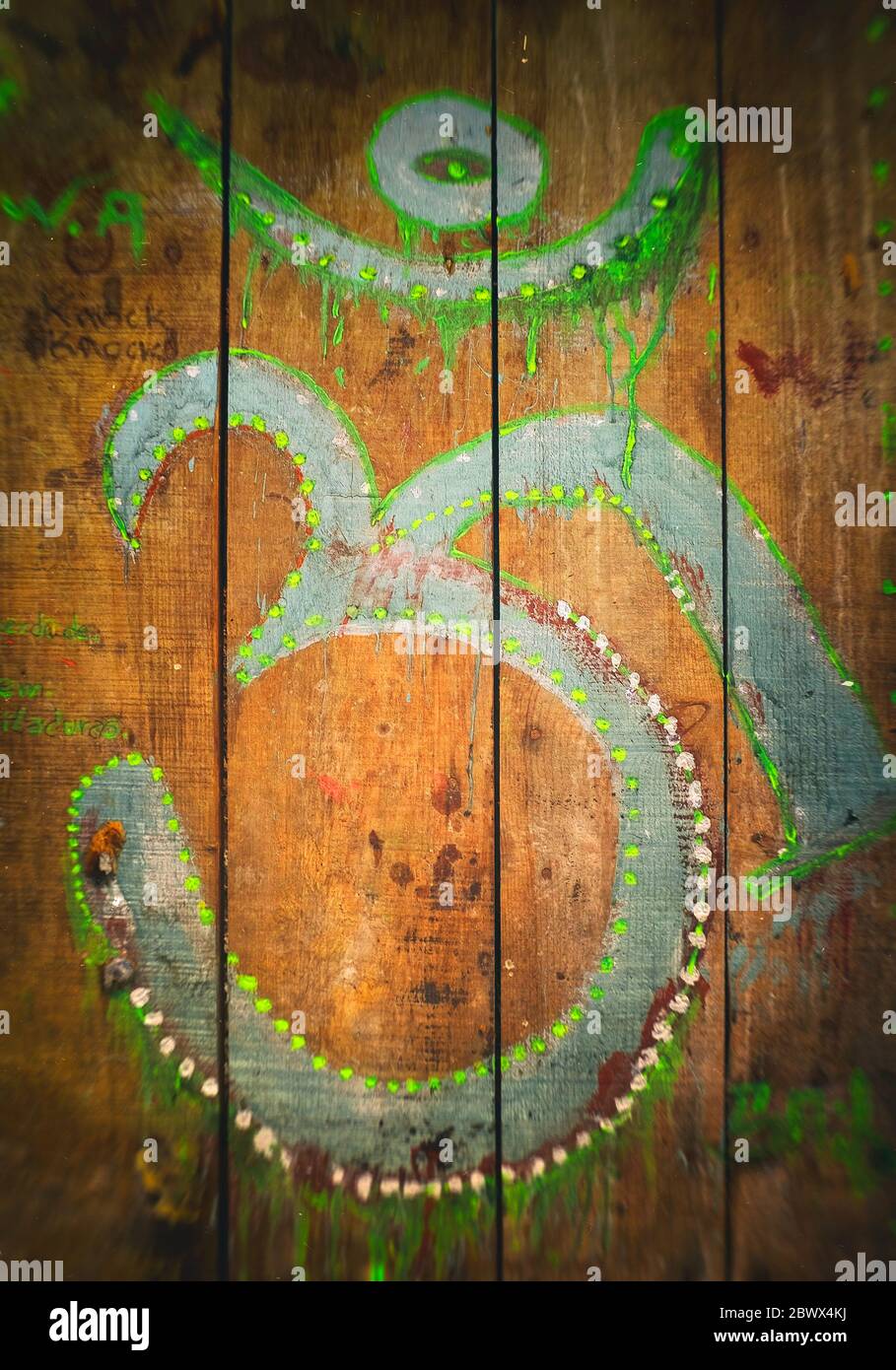 80203404 - segno om approssimativamente verniciato di verde su una vecchia superficie di legno Foto Stock