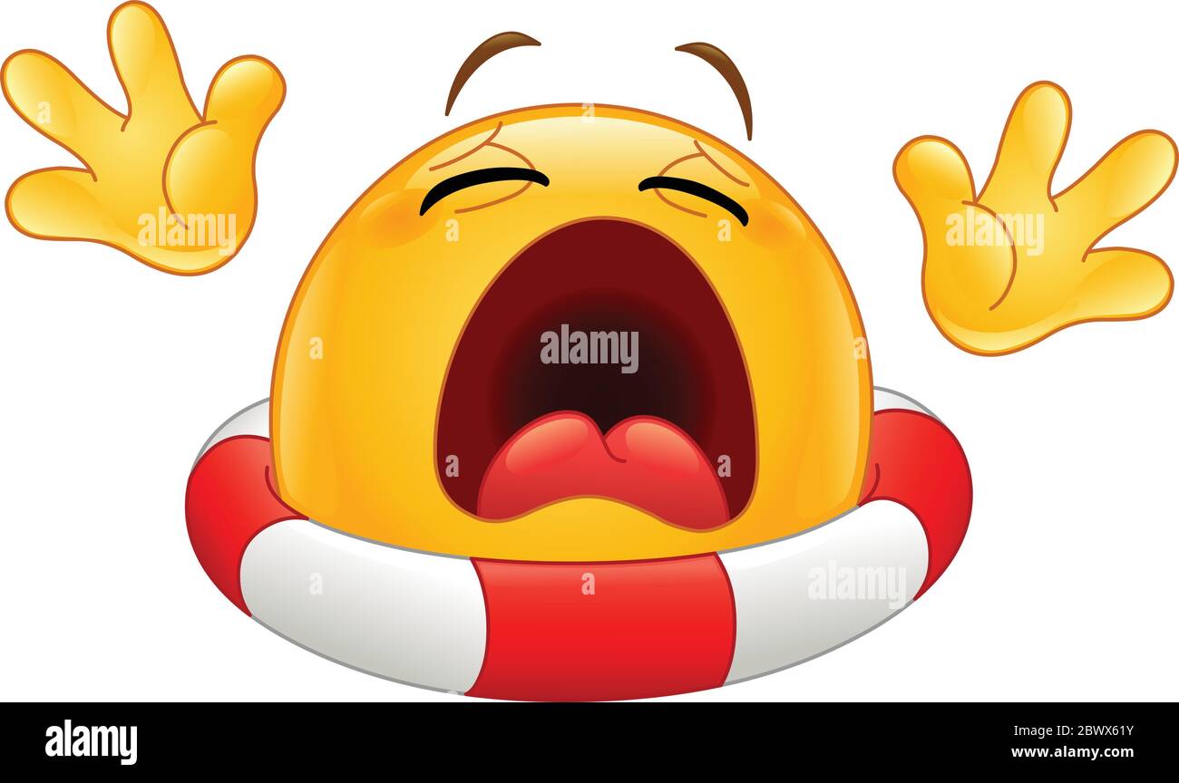 Annegare emoticon con una lifebuoy che chiede aiuto Illustrazione Vettoriale